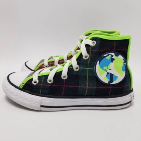 Converse Sneaker Youth Size 3 Red & Green Plaid All-Star Hi-Top 'Peace on Earth' - Picture 1 of 9